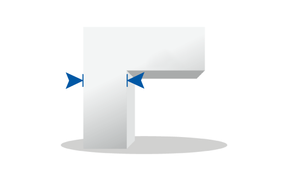 A three-dimensional white L-shaped block with two small opposing blue triangles positioned at the inner and outer sides of the corner.