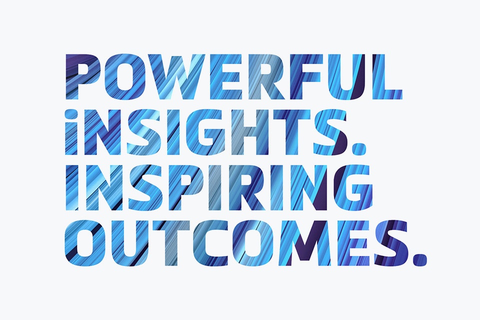 The text 'Powerful insights. Inspiring outcomes.' with blue lines through the letters.