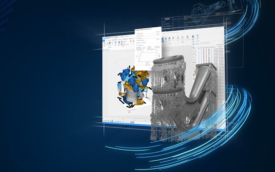 écran avec Materialise Magics et une image numérique d'une pièce imprimée en 3D avec des structures de support sur un fond bleu dégradé