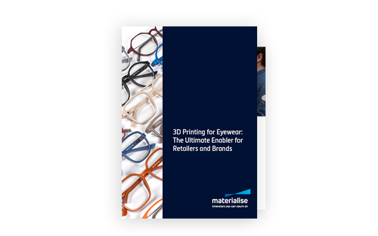 The front cover of a guide, with different colored 3D-printed frames on the left side. On the right side, a dark blue background with the Materialise logo and the text "3D Printing for Eyewear: The Ultimate Enabler for Retailers and Brands"