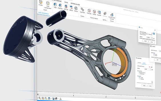 3D-Design eines Teils in der Magics-Software, wobei das Teil aus dem Bildschirm herausspringt