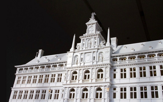 3D-printed model of Antwerp's city hall against a black background