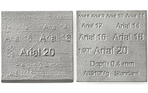 Examples of embossed and engraved text in standard grade aluminum