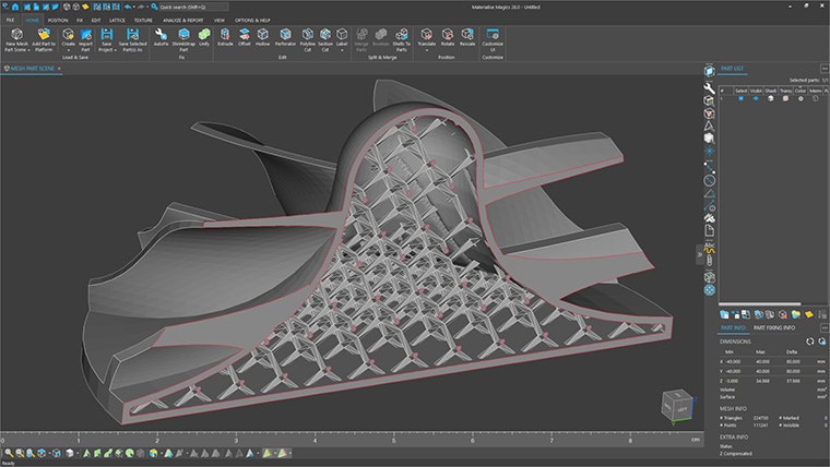 An image showing the inside of a 3D model designed using the Tetrahedron Slice feature in Materialise Magics