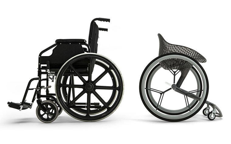 On the left, a traditional wheelchair, on the right, the customized, futuristic-looking, and 3D-printed GO wheelchair