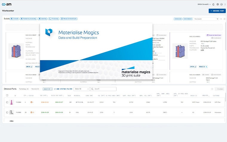 A workcenter showing ordered parts and parameters in CO-AM. In the middle of the screen is a document titled: Marterialise Magics Data and build preparation version 29.01