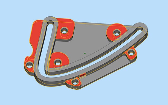 A 3D image of part with holes and a u-shaped groove