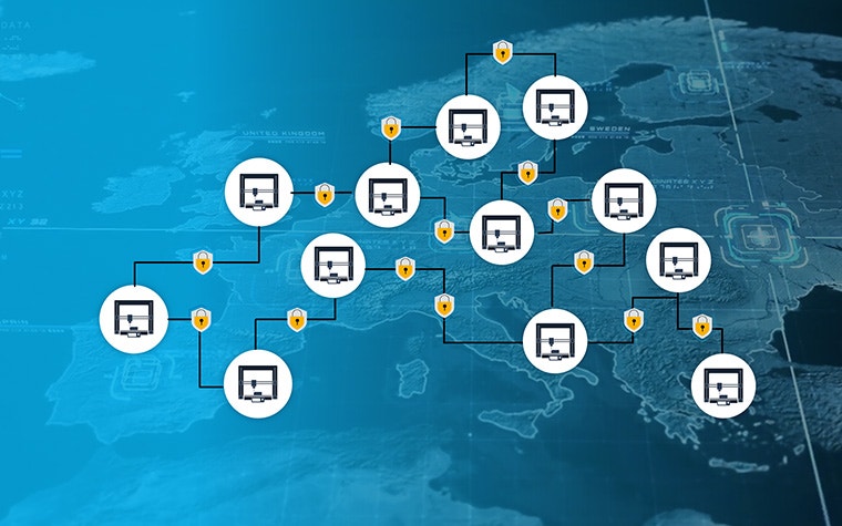 A digital map of Europe covered in an interlinking network of computers with padlocks on the connections.