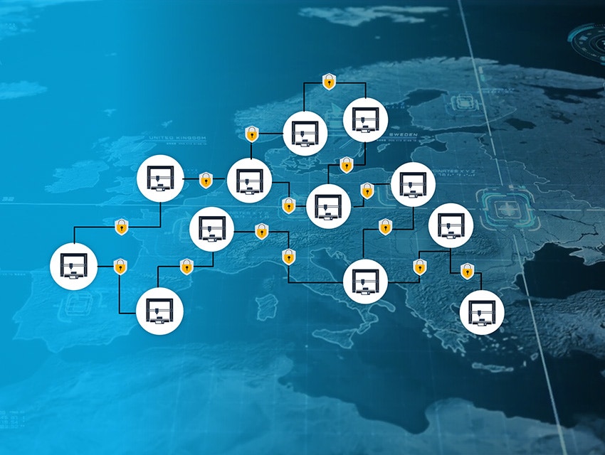 A digital map of Europe covered in an interlinking network of computers with padlocks on the connections.