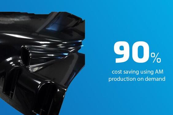 3D-printed part next to text: 90% cost saving using AM production on demand