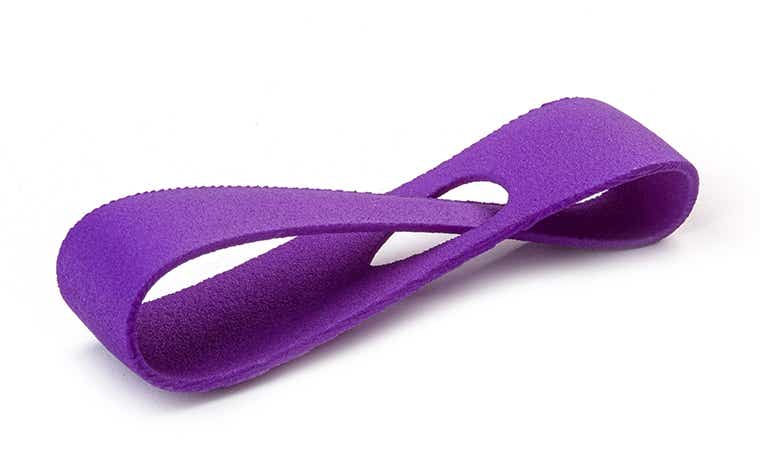 Matte sample loop 3D printed in PA-GF and color dyed in purple.