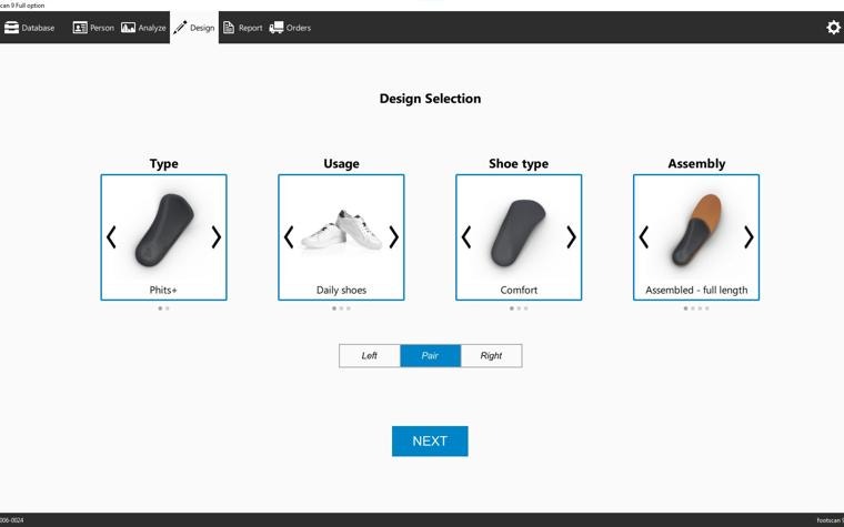 Screenshot of the design selection page in footscan where the user can choose the desired type of orthotic