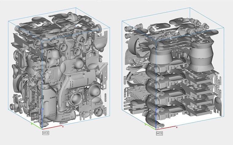 Digital comparison between geometry-based nesting for denser builds and bounding box nesting 