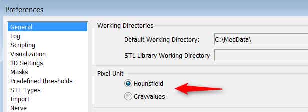 Screenshot of a preferences box with Hounsfield pixel unit selected