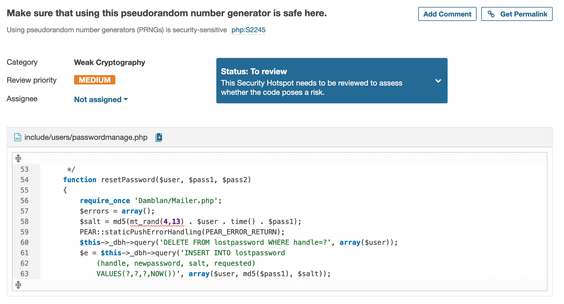 SonarCloud reporting the use of an unsafe number generator in resetPassword()