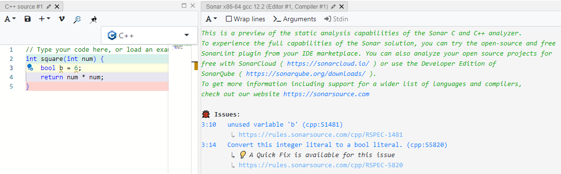 A general screenshot of Compiler Explorer with the Sonar integration activated