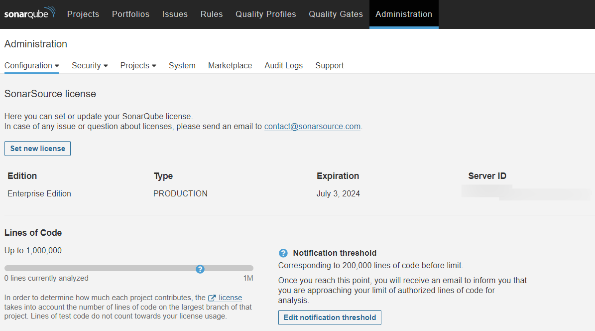 Enter in your SonarQube Enterprise Edition license in the Administration section