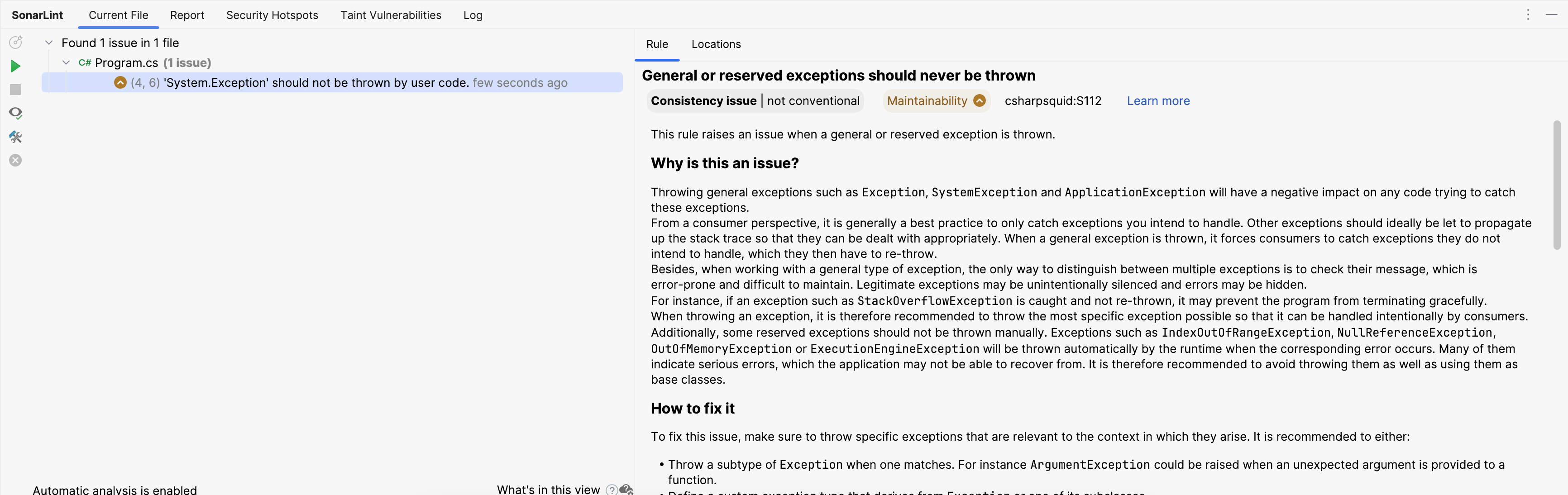 SonarLint General reserved exception
