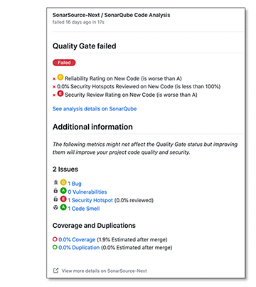 Failed Quality Gate in GitHub Pull Request