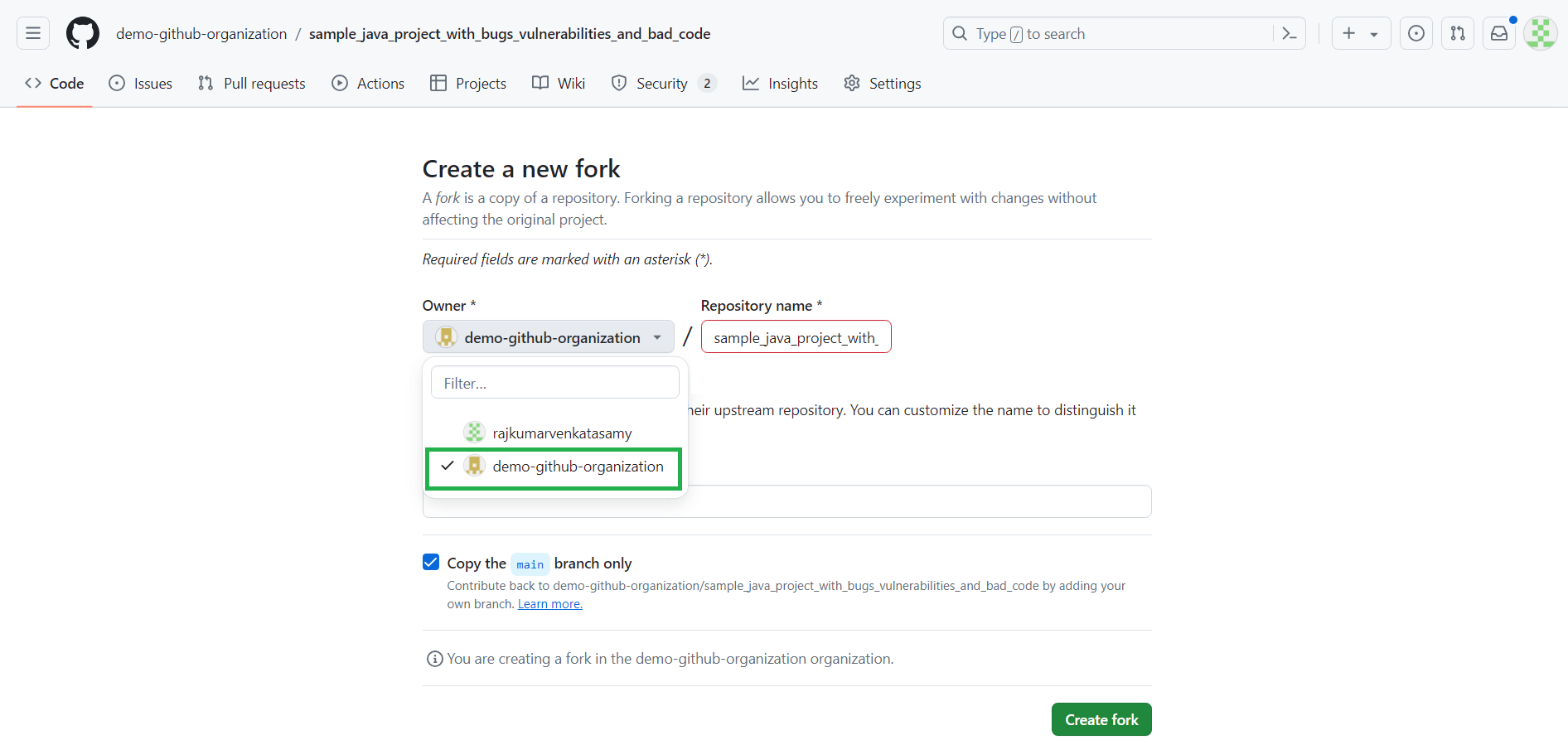 Forking a repository into your GitHub organization