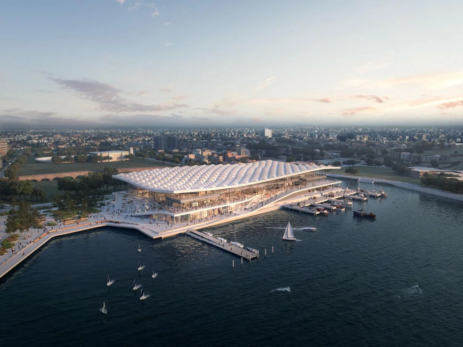 Rendering of a very large modern hall with flat roof at the harbor of a big city