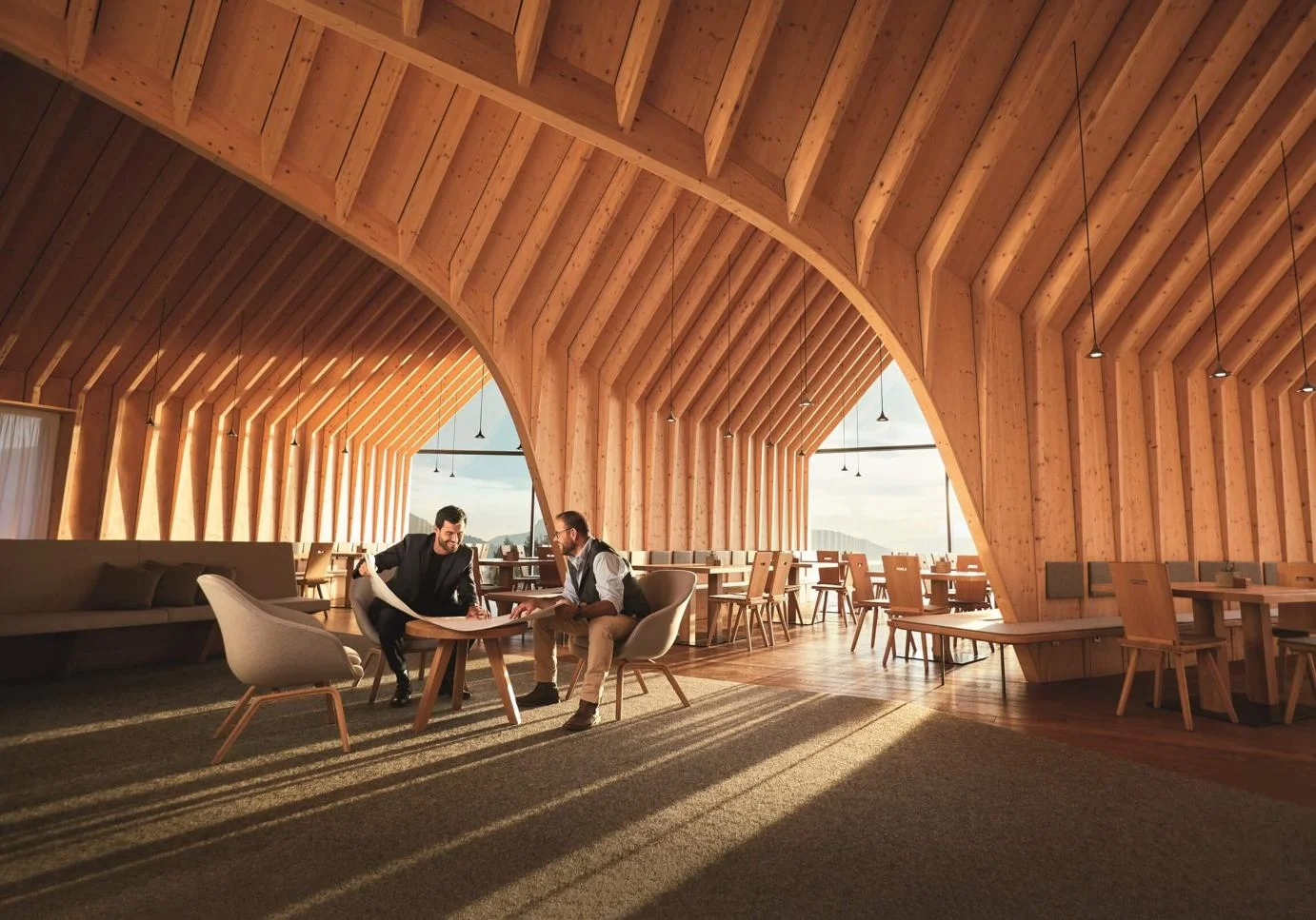 A modern wooden interior with two men sitting at a table