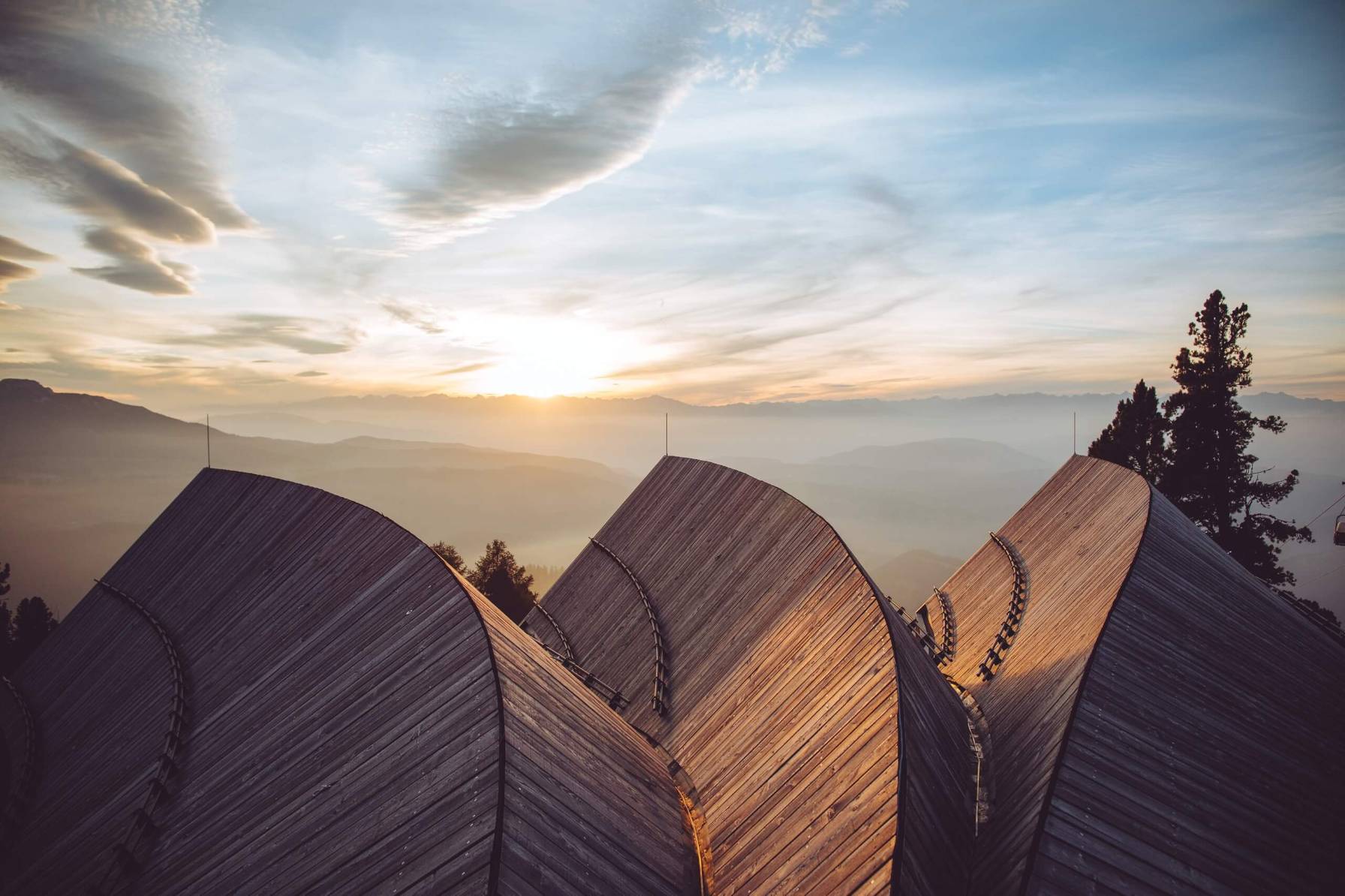 An innovative wooden roof structure in the morning light