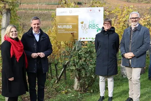 Fig. 1: Da sinistra a destra: Lisa Rizzetto (FEM), Assessore all’agricoltura altoatesino Luis Walcher, Assessore all’agricoltura trentino Zanotelli, Michael Oberhuber (Centro di Sperimentazione Laimburg) © Laimburg Research Centre/irene