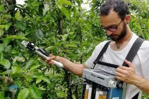 Sono in corso numerosi progetti di ricerca e sperimentazione nell’ambito della frutticoltura biologica presso il Centro di Sperimentazione Laimburg. Nella foto: misurazione dell'attività della fotosintesi su un melo. ©CSL
