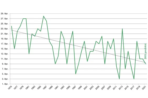 Piena fioritura della varietà Golden Delicious al sito Laimburg (1975–2021). ©Centro di Sperimentazione Laimburg