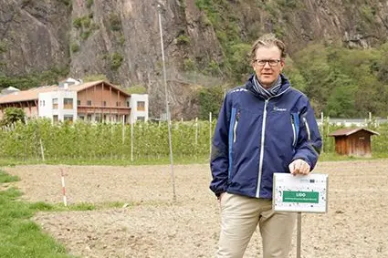 Walter Guerra, responsabile dell’Istituto per la Frutti- e Viticoltura al Centro Laimburg e coordinatore del progetto, nel sito dove sorgerà il meleto LIDO.: ©Centro di Sperimentazione Laimburg/juliarizzo