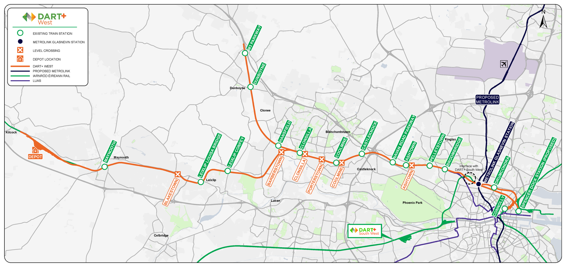 Map of the DART+ West route showing train stations, level crossing points, fleet depot and proposed Metro interchange