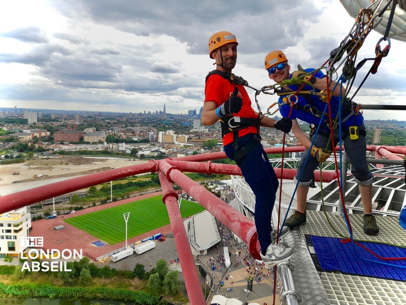 Gilly getting ready to abseil the ArcelorMittal Orbit, Olympic Park London