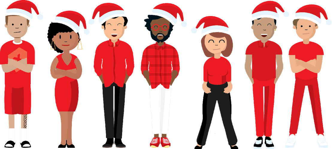 Graphics of people in red outfits wearing santa hats
