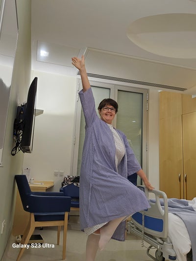Carol in hospital room on donation day