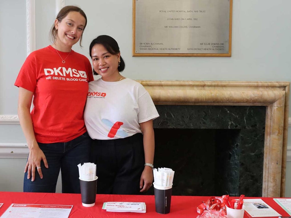 Oncology Nurse Jansen from Bath's Royal University Hospital, pictured at her donor recruitment swabbing event with Pippa from DKMS Oncology Nurse Jansen from Bath's Royal University Hospital, pictured at her donor recruitment swabbing event with Pippa from DKMS