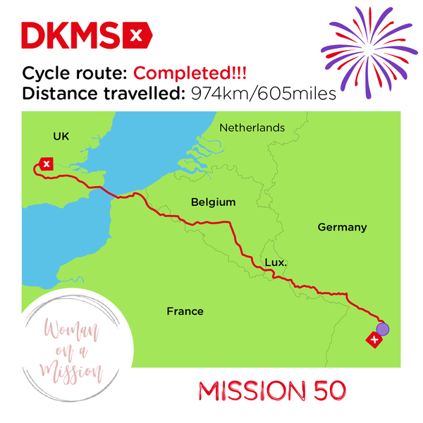 Map showing Claire's completed cycle ride London to Tubingen