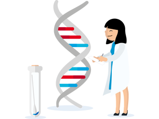 Graphic of female scientist with representation of DNA and a test tube