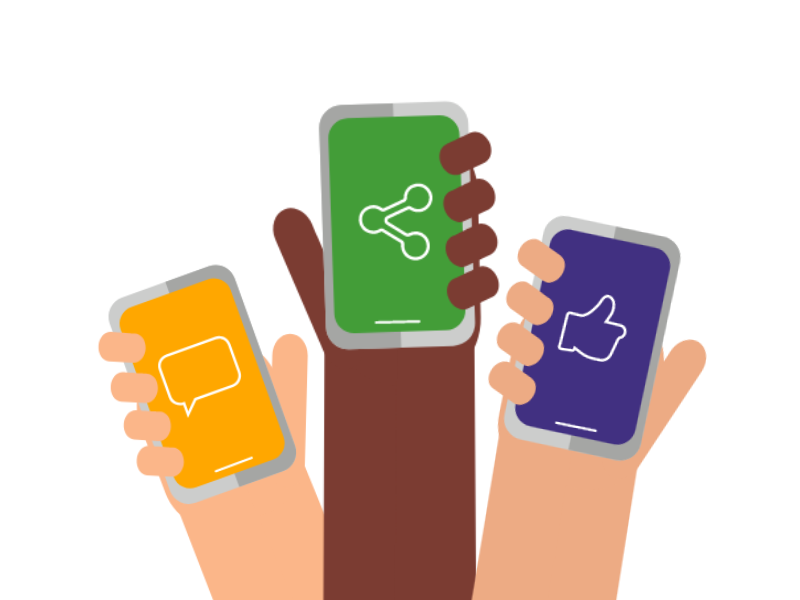 A graphic showing 3 hands, each holding a phone with a different social sharing icon displayed. A graphic showing 3 hands, each holding a phone with a different social sharing icon displayed.