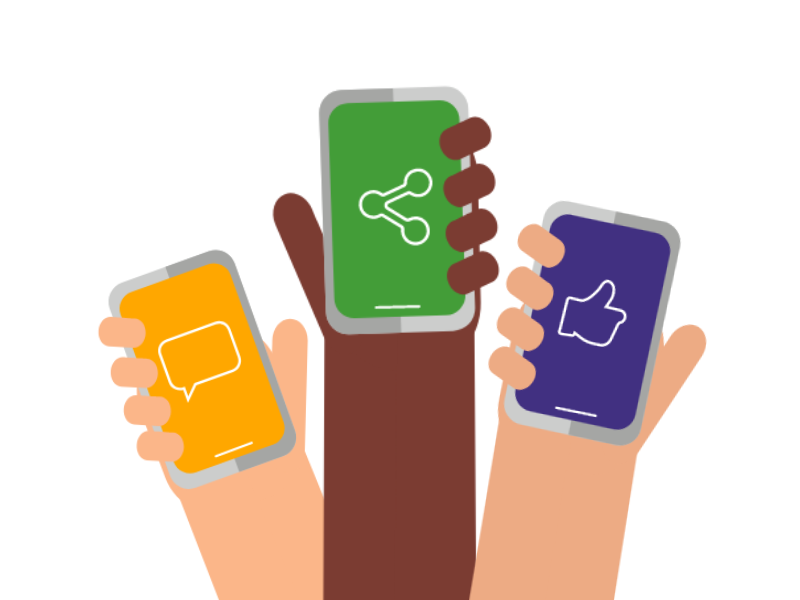 A graphic showing 3 hands, each holding a phone with a different social sharing icon displayed. A graphic showing 3 hands, each holding a phone with a different social sharing icon displayed.