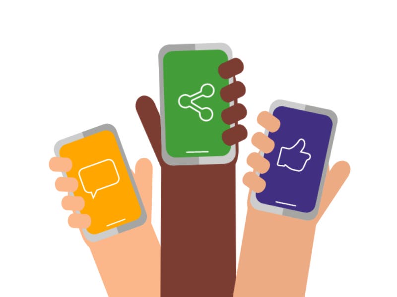 A graphic showing 3 hands, each holding a phone with a different social sharing icon displayed. A graphic showing 3 hands, each holding a phone with a different social sharing icon displayed.