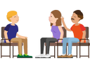 A graphic showing three people sat down having a conversation