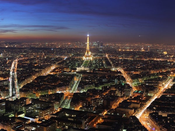 Eiffel Tower and surrounding streets at night