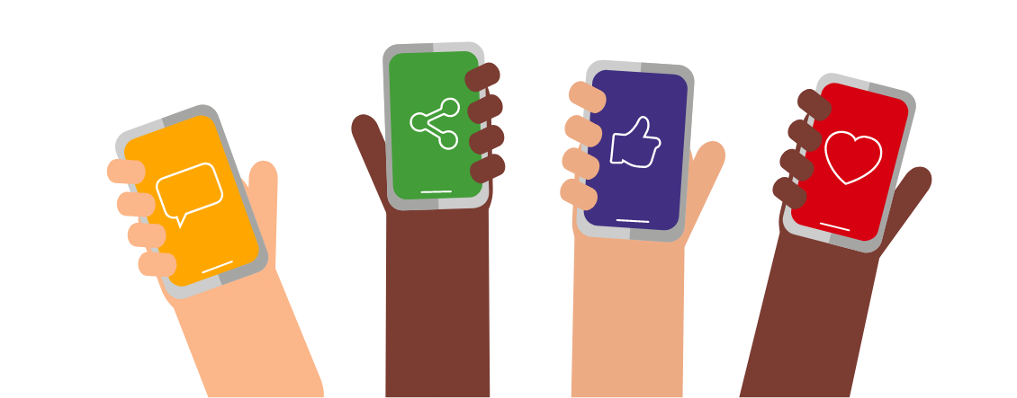 A graphic showing 4 hands, each holding a phone with a different social sharing icon displayed.