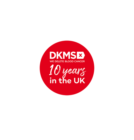 'DKMS 10 years in the UK' logo white on red background