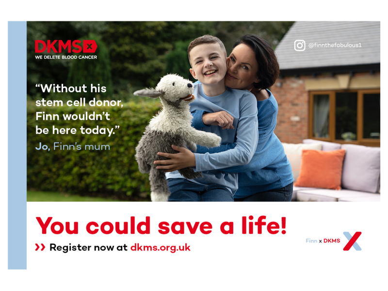 Advert from the campaign showing Finn and his mum Jo with Dave The Wonderdog