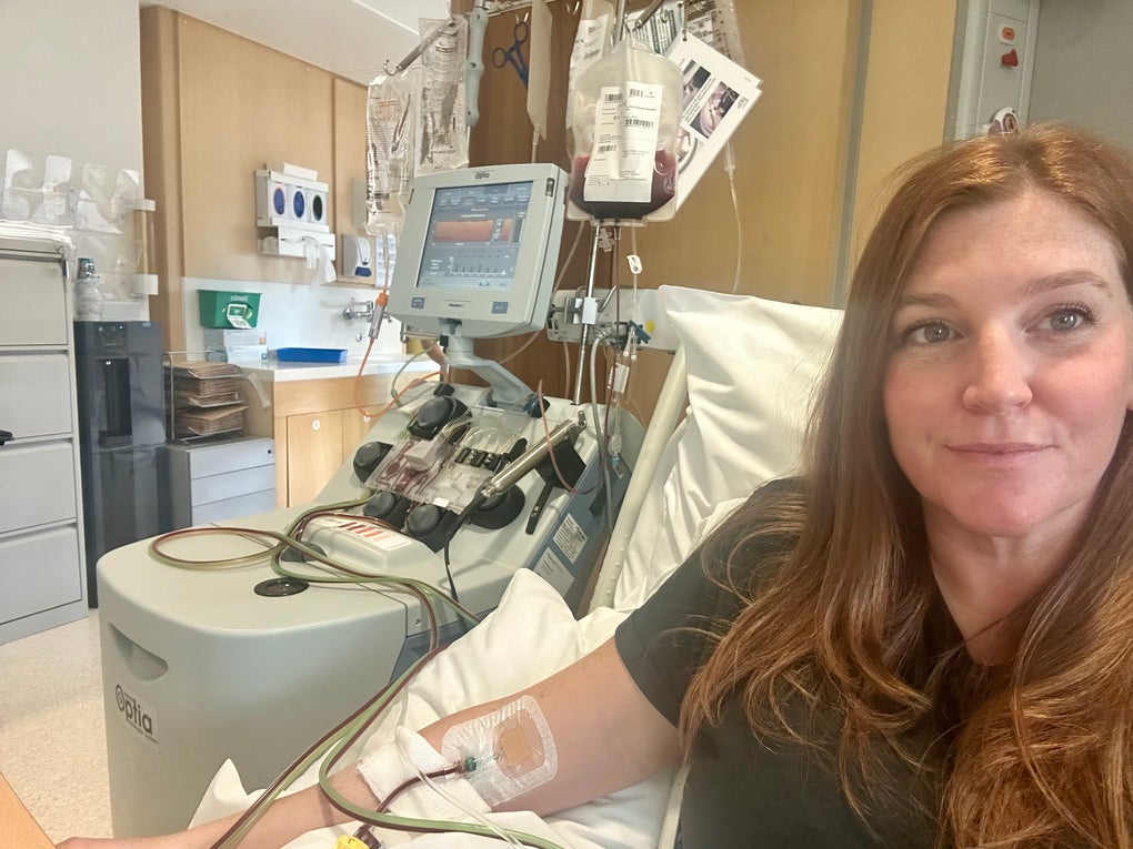 Kate C from Somerset pictured at her stem cell donation, just three weeks after signing up and joining the register Kate C from Somerset pictured at her stem cell donation, just three weeks after signing up and joining the register