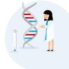 Graphic of female scientist with representation of DNA and a test tube