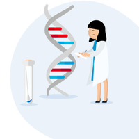 Graphic of female scientist with representation of DNA and a test tube