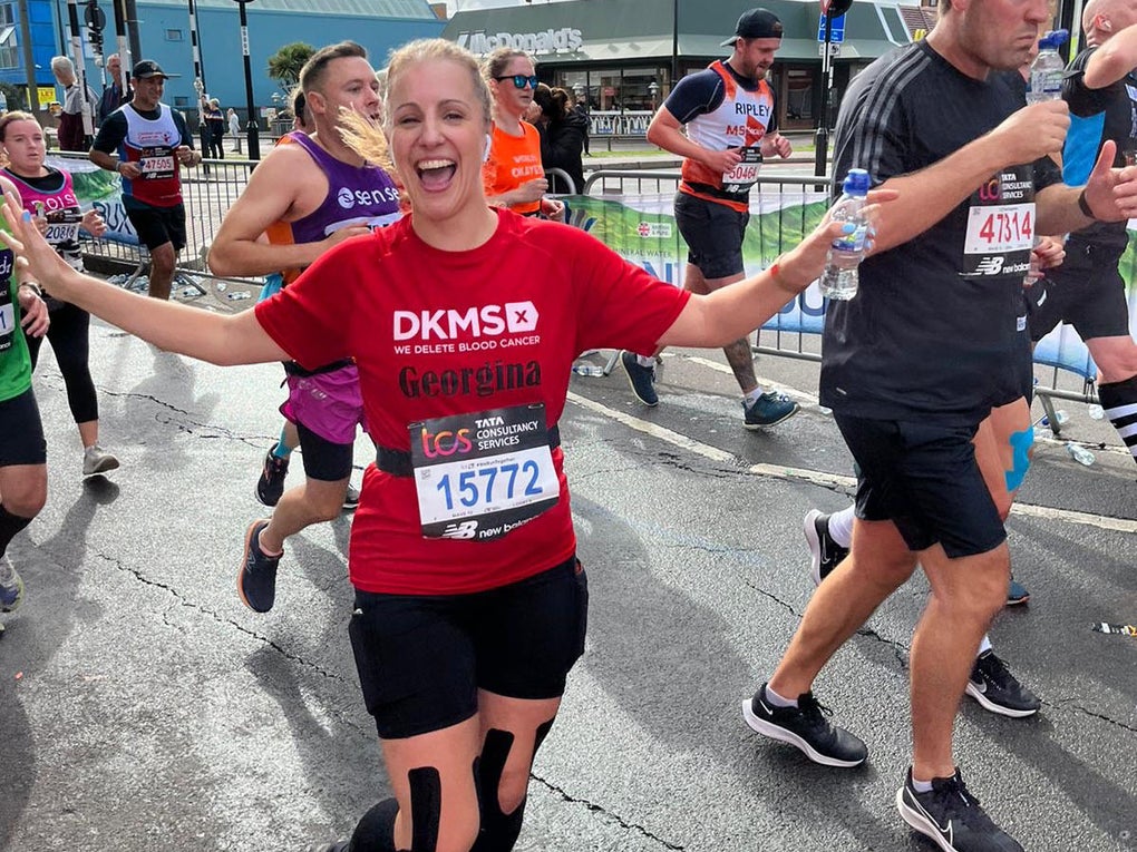 Georgina running in the London Marathon wearing DKMS t shirt Georgina running in the London Marathon wearing DKMS t shirt